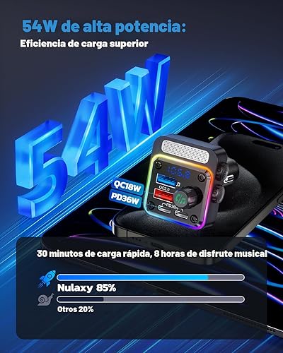 Miniatura 2 de Nulaxy Cargador adaptador de coche Bluetooth 5.3 de 54 W de carga rápida de 4 puertos PD36W y QC3.0 18W, transmisor FM de radio inalámbrico con