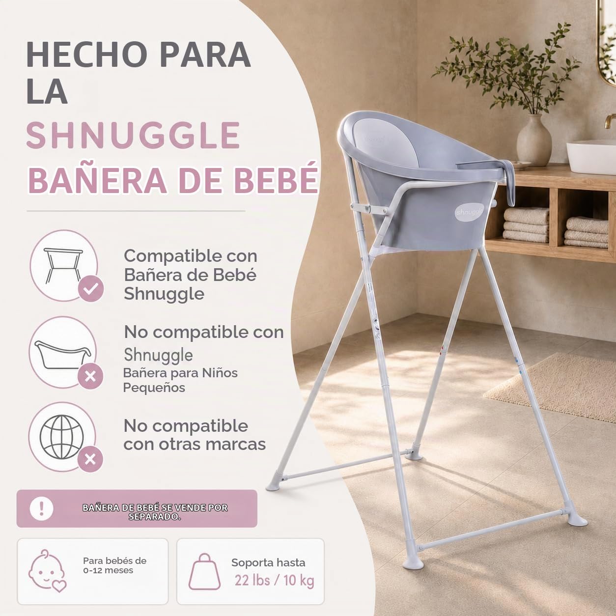 Shnuggle Soporte plegable para bañera de bebé, plegable, ligero, fácil de almacenar, ideal para recién nacidos de 0 a 6 meses