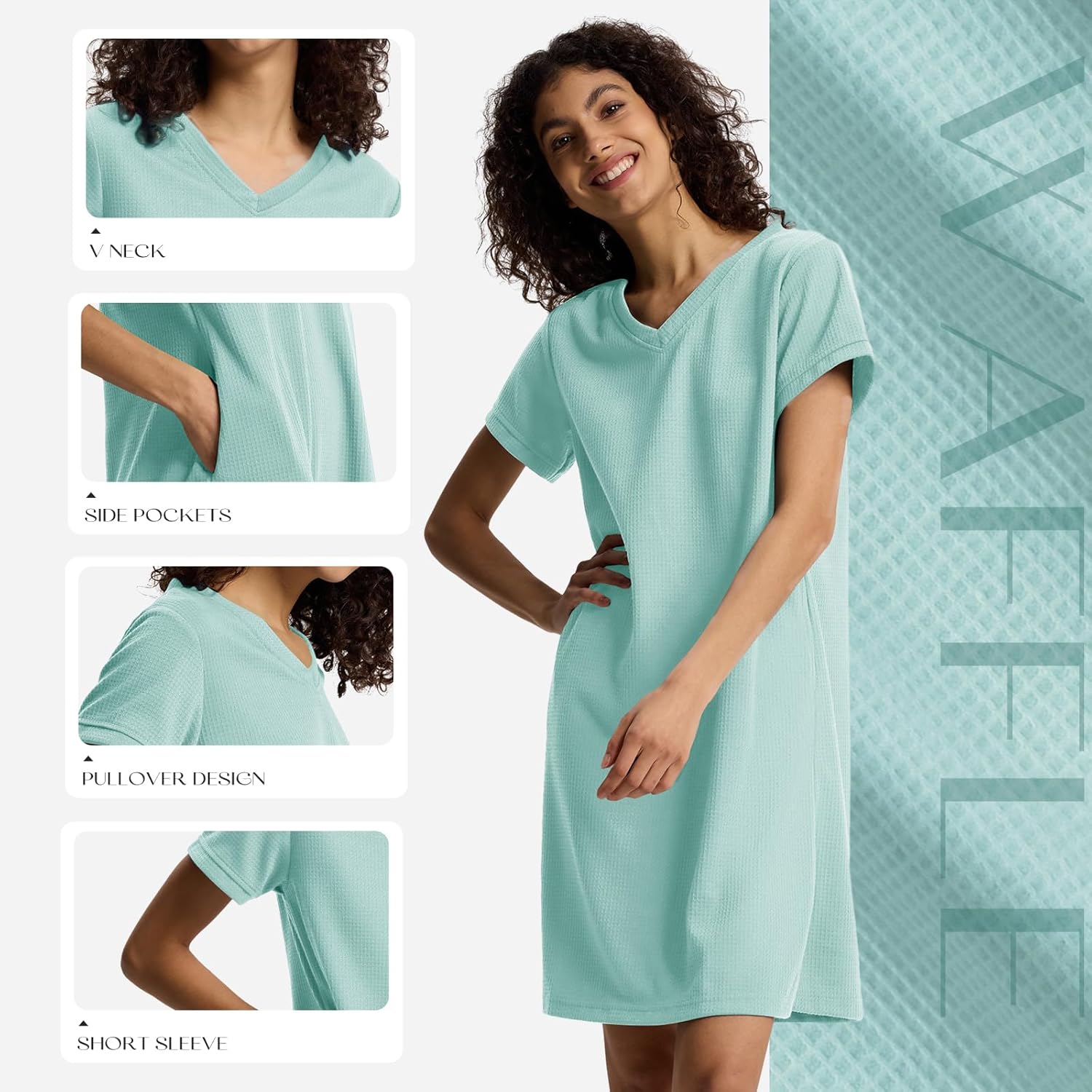 SIORO Nightgowns for Women Short Sleeve Sleep Shirt V Neck Nightshirt Summer Waffle Sleepwear Comfy Sleep Dress with Pockets - Image 4