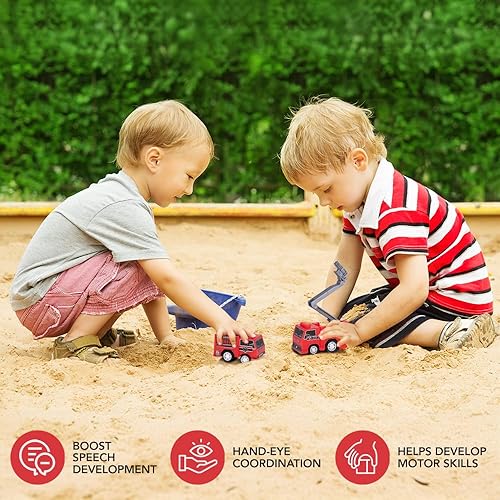 Miniatura 5 de ArtCreativity Mini camiones de juguete de bomberos de jalar, paquete a granel de 24, suministros y recuerdos para fiestas de cumpleaños de bomberos,