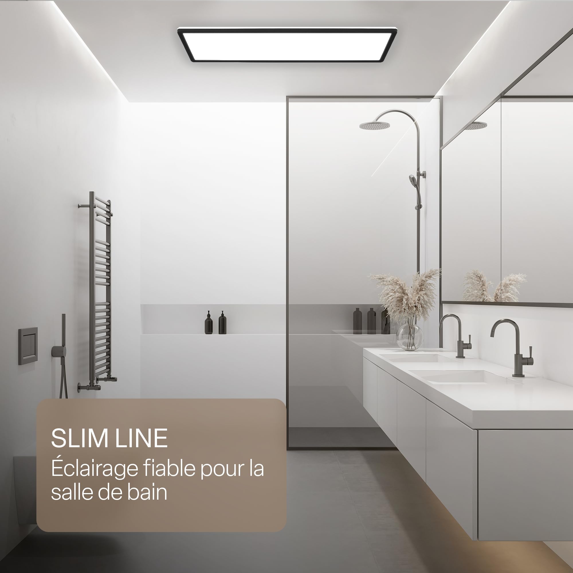 B.K.Licht - Plafonnier LED plat avec télécommande, CCT réglable de chaud à lumière du jour, intensité réglable, IP44, plafonnier salle de bain, lustre cuisine, lustre salon, 58x20x3 cm, noir
