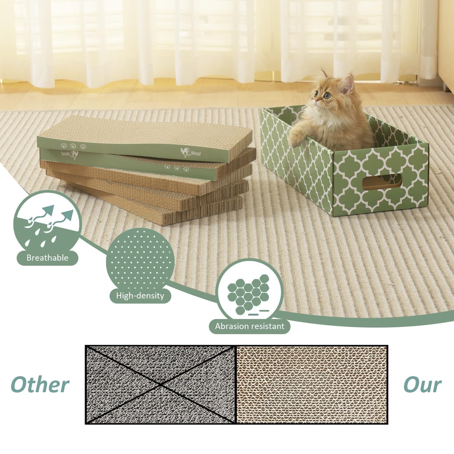 MECOOL Cat Scratching Board，5PC Cat Scratch Pad with Box，Reversible Corrugated Cat Scratcher Cardboard and Lounge Bed for Indoor Cats, Catnip