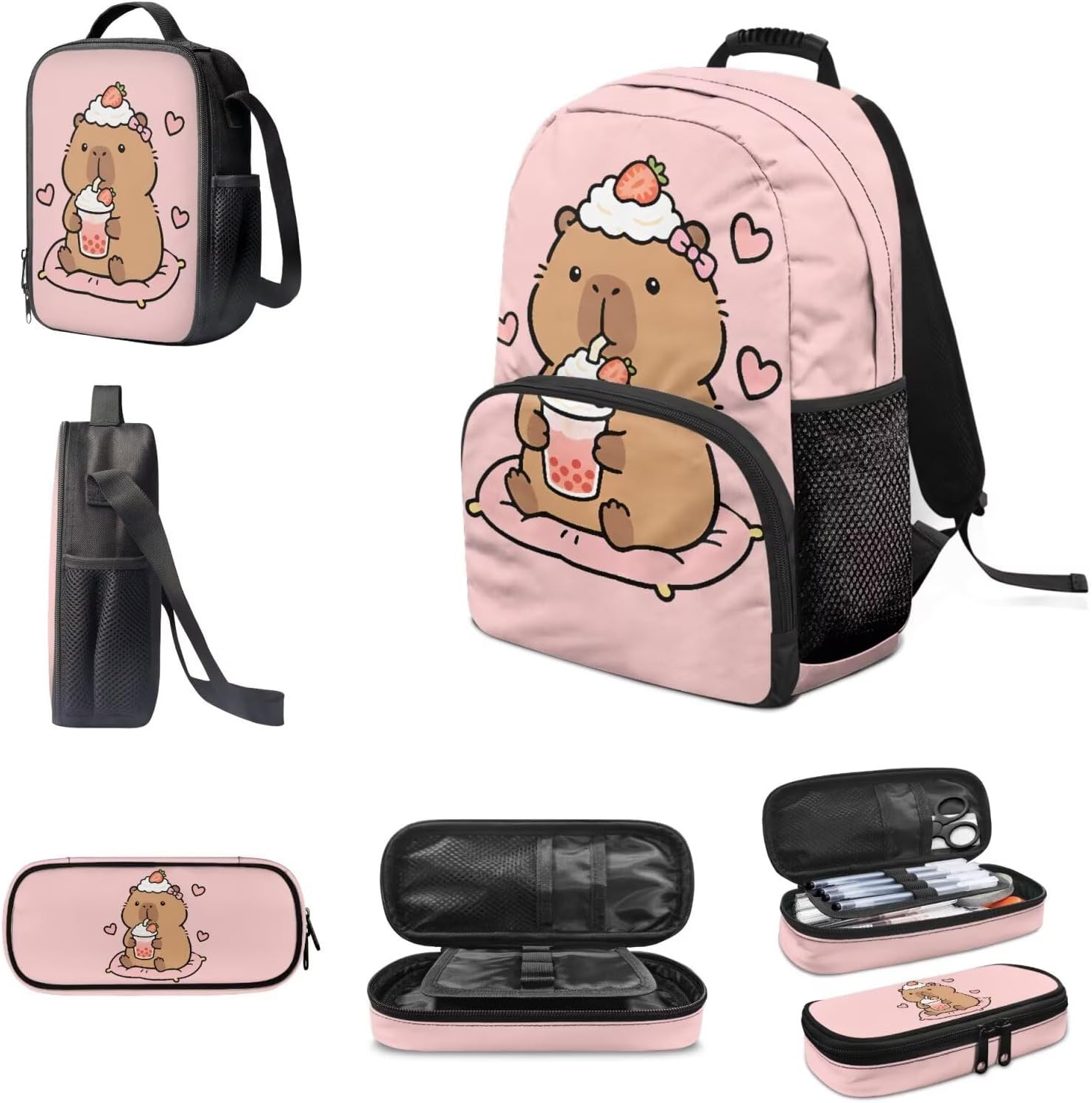 3PCS Cute Capybara Kids Backpack for Girls Pink Strawberry Milk Tea Backpacks Lightweight Elementary School Bookbag with Lunch Box and Pencil Pouch