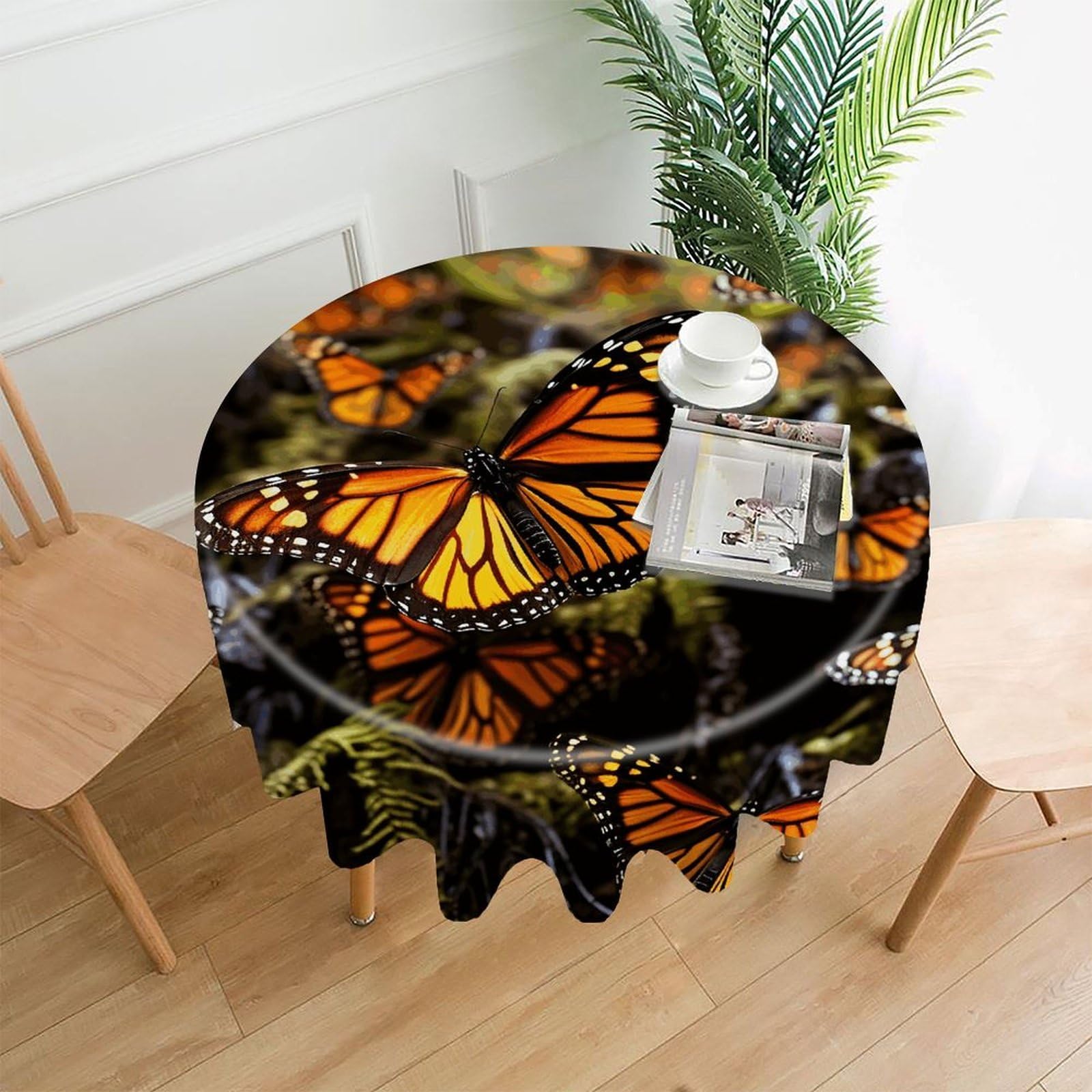Heaps of Orange Monarch Butterflies Tablecloth Exquisite Wrinkle-Free Straight-Edge Round Table Cloth Anti-Fading Premium Polyester Tablecloth Waterproof Folding Table Cloths for Tables Decor
