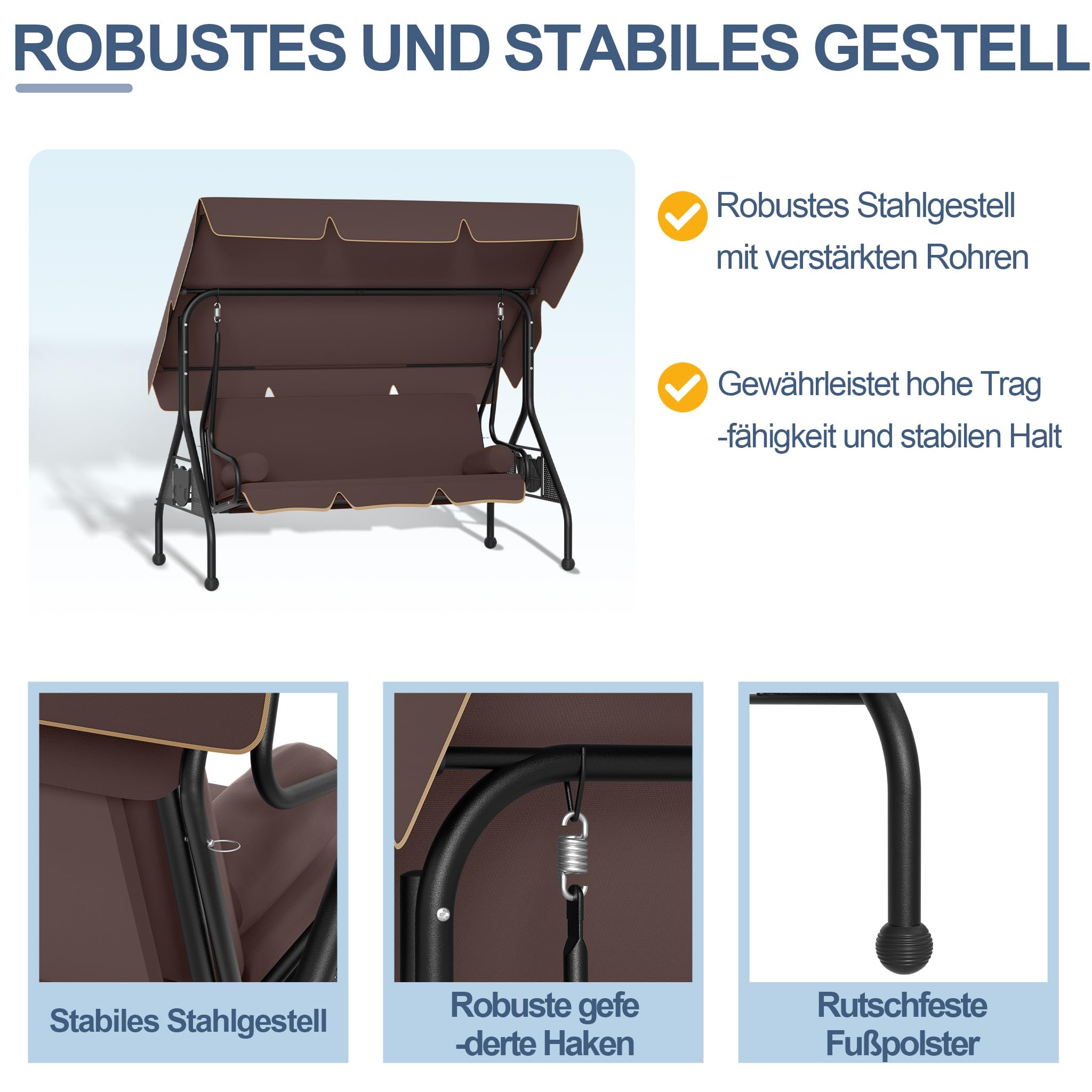 3-Sitzer Hollywoodschaukel 2in1 Sitz- und Liegeschaukel für Garten, verstellbare Liegefunktion mit Sonnendach und gepolsterter Sitzfläche Stahlrahmen bis 350 kg Belastbarkeit, Dunkelbraun