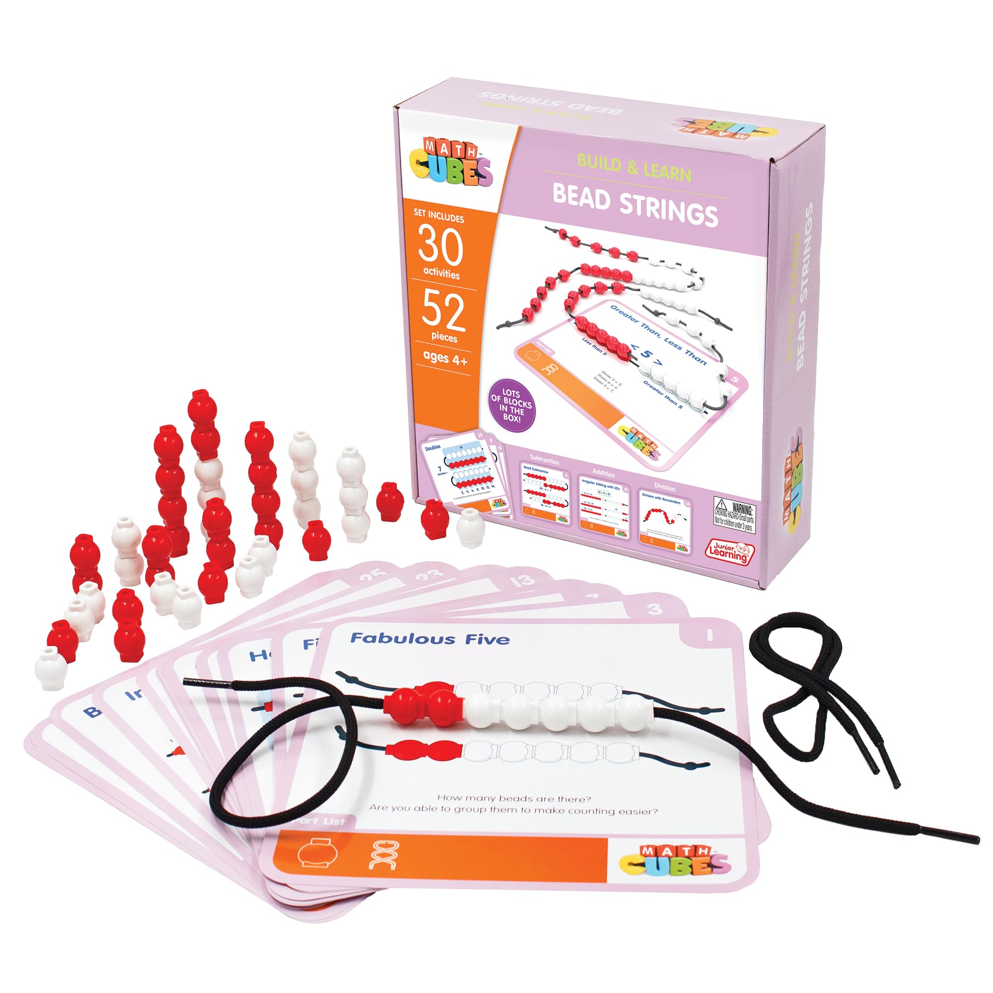 Junior Learning: Mathcubes - Bead Strings - 30 Activity Set, Build & Learn, Beads & Boards Hands On Math, Developmental & Education Set, Kids Ages 4+
