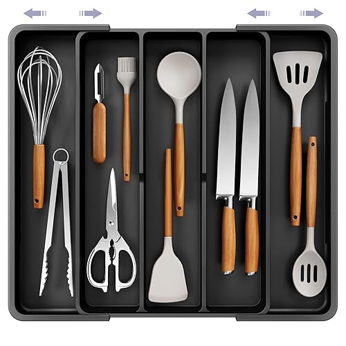 Kitsure Expandable Silverware Organizer – Large Utensil Drawer Kitchen Organization with 5 Compartments, Easy-Clean, Home & Apartment Essentials, Black, 13.6" x 1.4"x 11.0"~19.9" - 13.6" x 1.4"x 11.0"~19.9" - Black