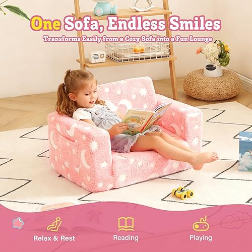 Miniatura 3 de Welnow Sofá 2 en 1 para niños, silla convertible que brilla en la oscuridad, sofá de Chirldren plegable, con bolsillos laterales y funda extraíble,