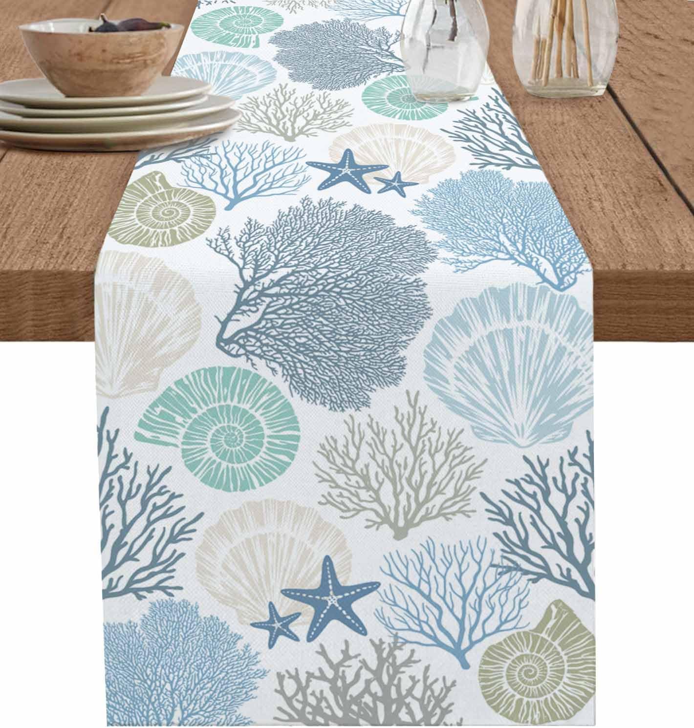 Coastal Coral Cotton Linen Table Runner for Dining Kitchen, Wedding Outdoor Party Tablerunners Decoration, Blue Nautical Starfish Ocean Shell Beach Dresser Scarf Coffee Tablecloth Runners 16x72 Inches