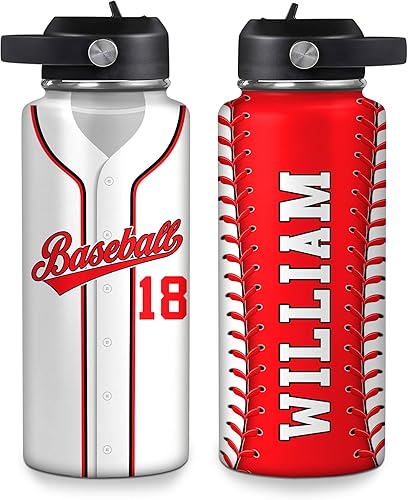 Miniatura 7 de Hyturtle Botella de agua de béisbol personalizada, botella de acero inoxidable aislada de viaje con tapa a prueba de fugas, 18 onzas, 32 onzas,