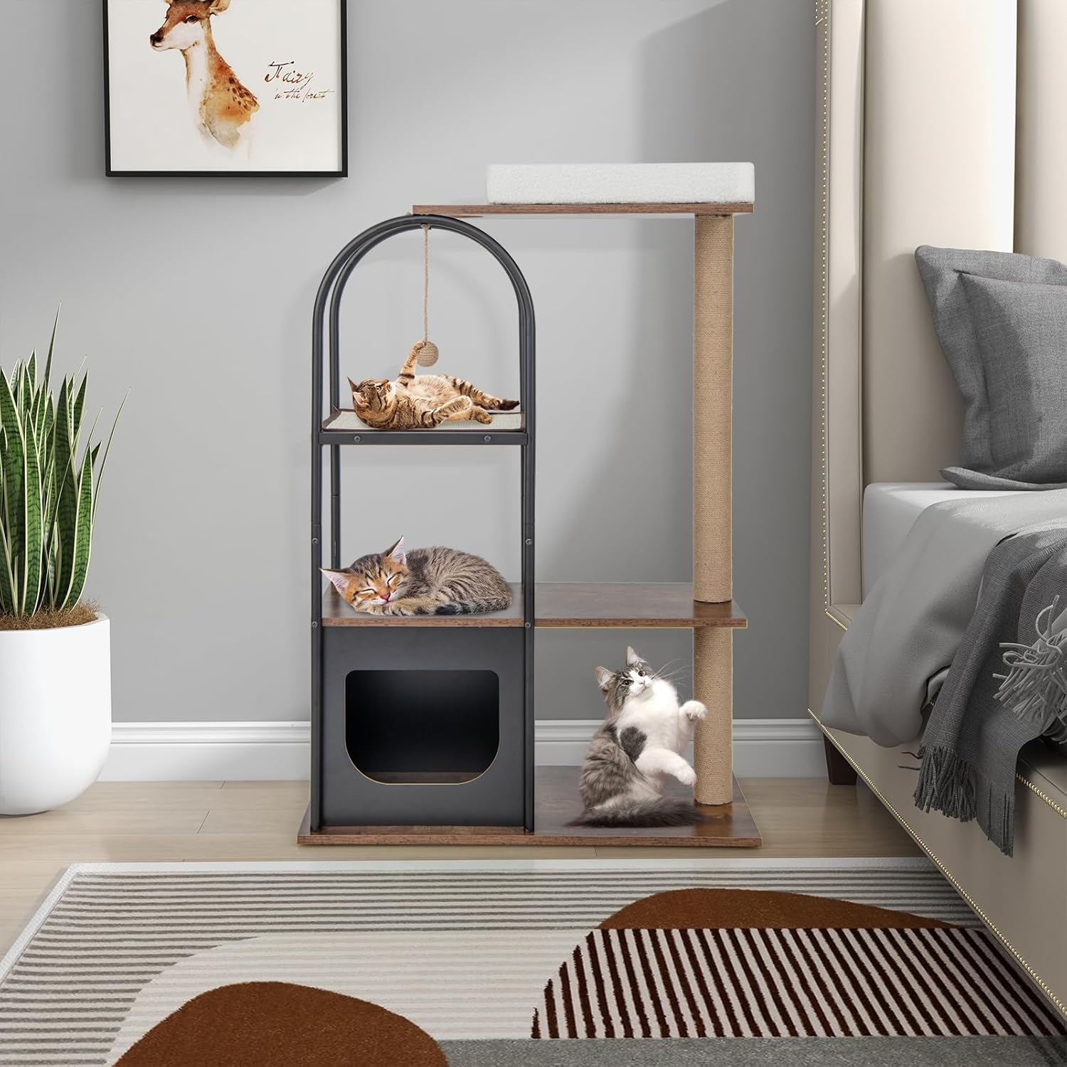 review Tangkula Cat Tree Tower, 47 Inch Modern Cat Tree with Metal Frame, Top Perch Cat Bed, Cat Condo, Jute Scratching Posts, Sisal Board, Hanging Ball, Wood Cat Tree for Indoor Cats Large Adult (Black)