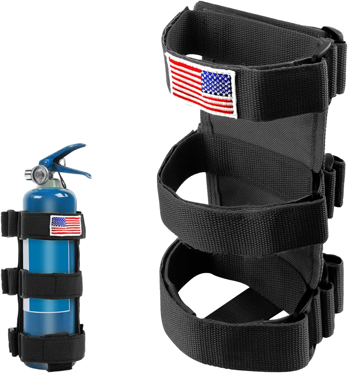 Fire Extinguisher Holder, Adjustable Roll Bar Extinguisher Strap Bracket with USA Flag Pattern, Fire Extinguisher Fixing Strap Mount Holder for Wrangler JK JKU TJ CJ Gladiator (Black)