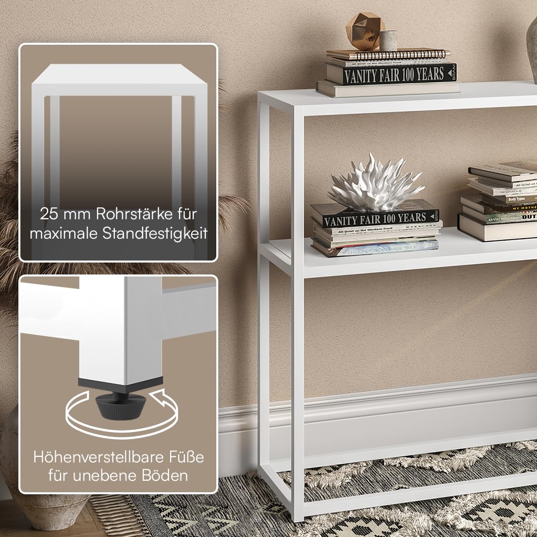 skølm Skadi Konsolentisch schmal aus Metall – Schmales Regal Weiß – Flurtisch mit 2 Ablagen – Beistelltisch mit verstellbaren Füßen - Sofatisch Flur/Wohnzimmer – Metallregal 80x28x80cm – Console table