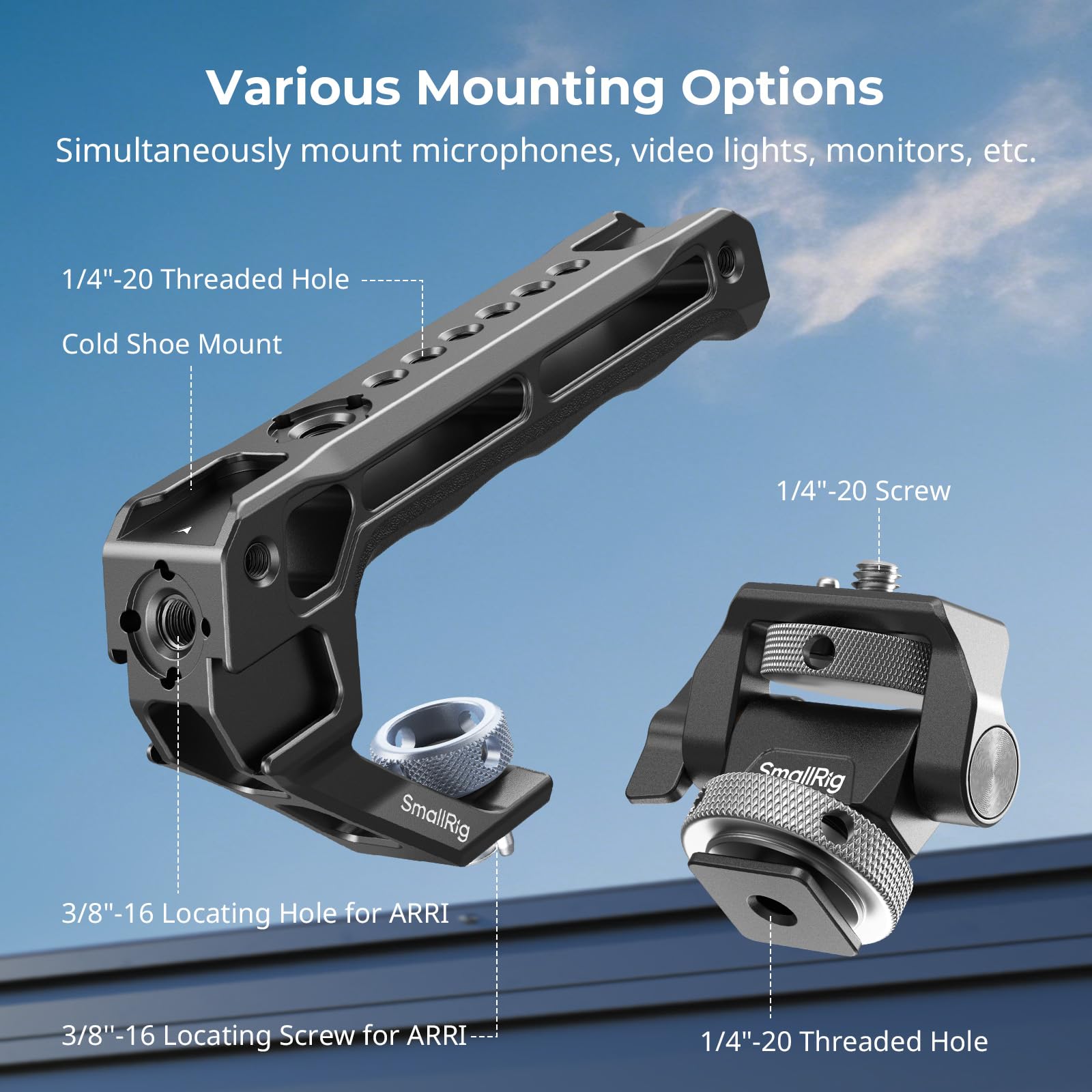 SMALLRIG Top Handle with Monitor Mount Kit, with 3/8"-16 Locating Holes for ARRI, 5 Built-in Cold Shoe, 360° Swivel and 180° Tilt Adjustable Monitor Holder with Thumbscrew, Anti-Twist Design - 5322