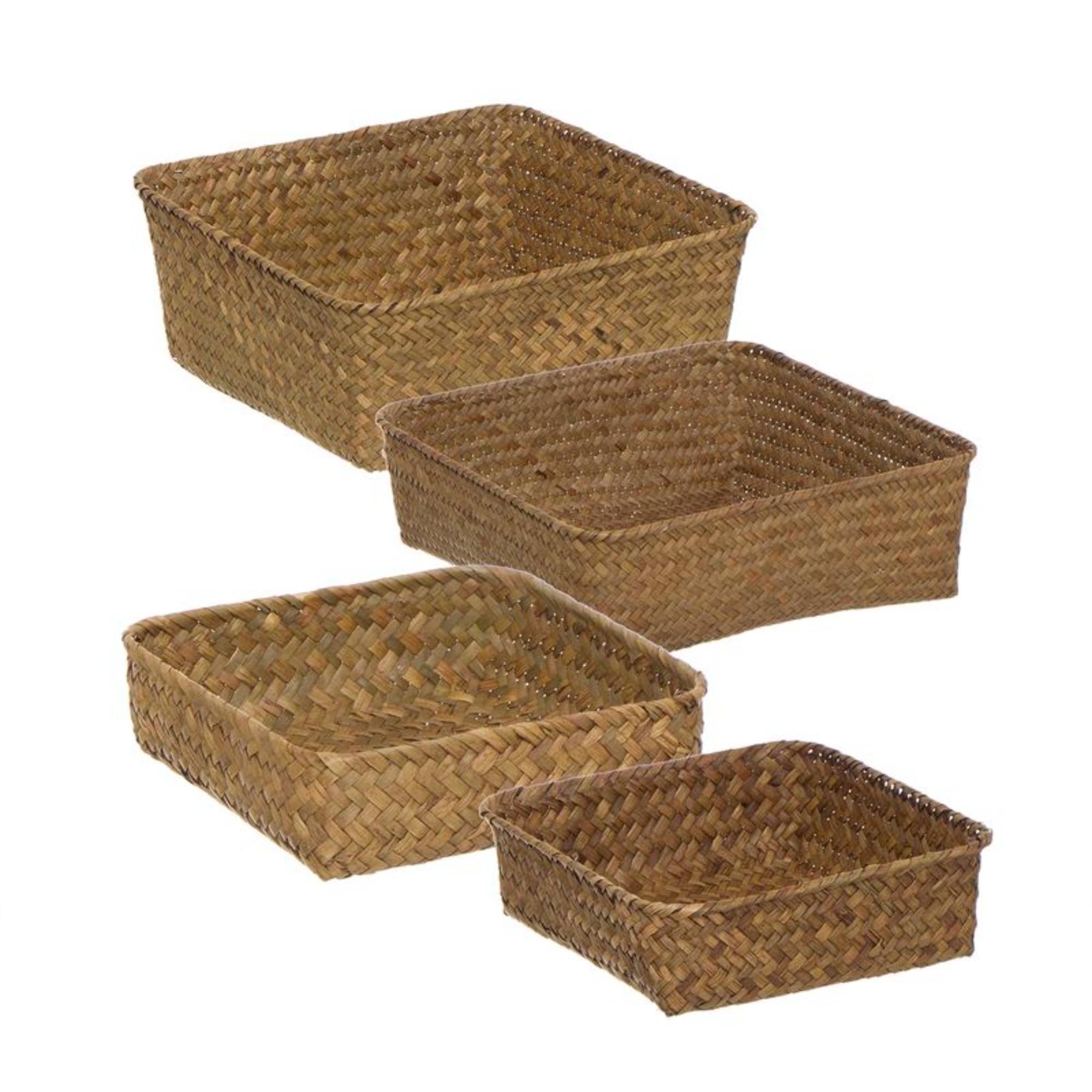 Set de 4 Bandejas Cestas Cuadradas de Mimbre Marrón, 4 Tamaños, Almacenamiento Boho Multiusos, Organizador Cocina, Grande 26x26cm