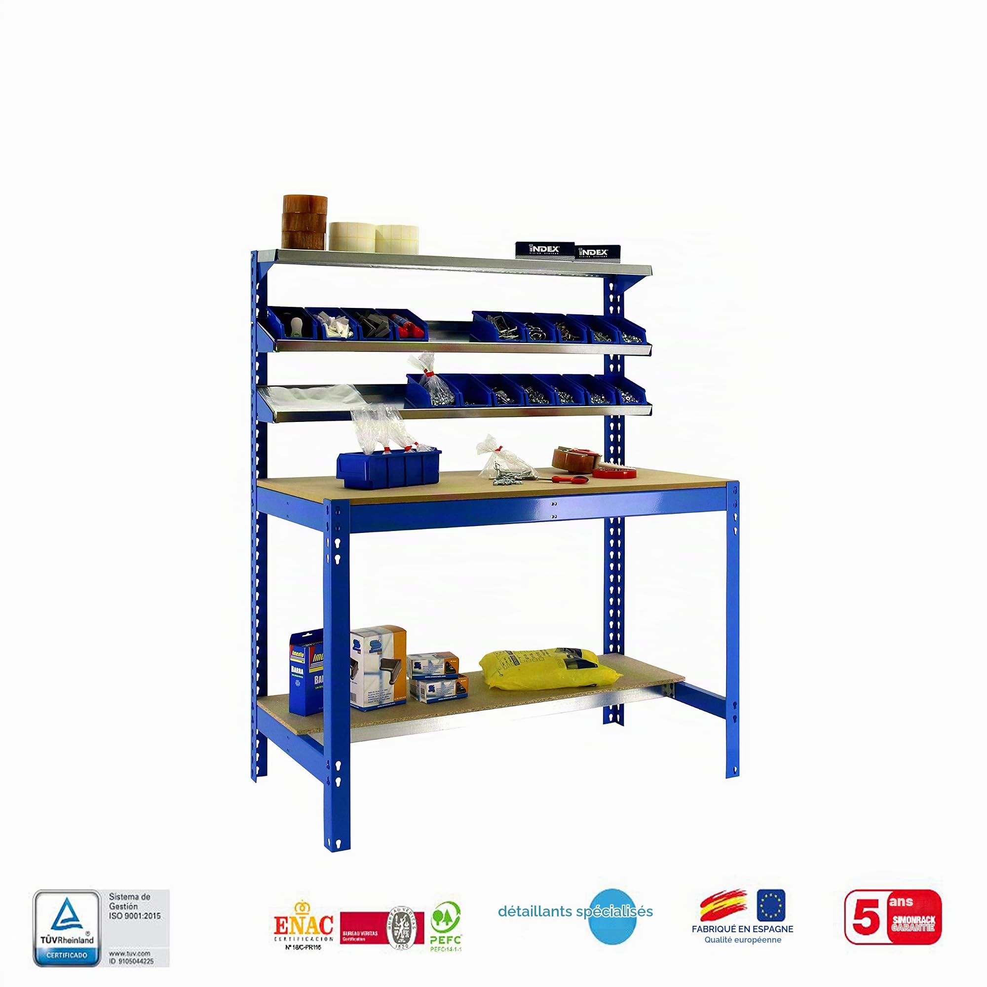 SimonRack Etabli d’Atelier, Capacité de Charge 600 kg, 1445x1210x610 mm, 3 Étagères, Table de Travail Bricolage, Bleu/Bois - BT1