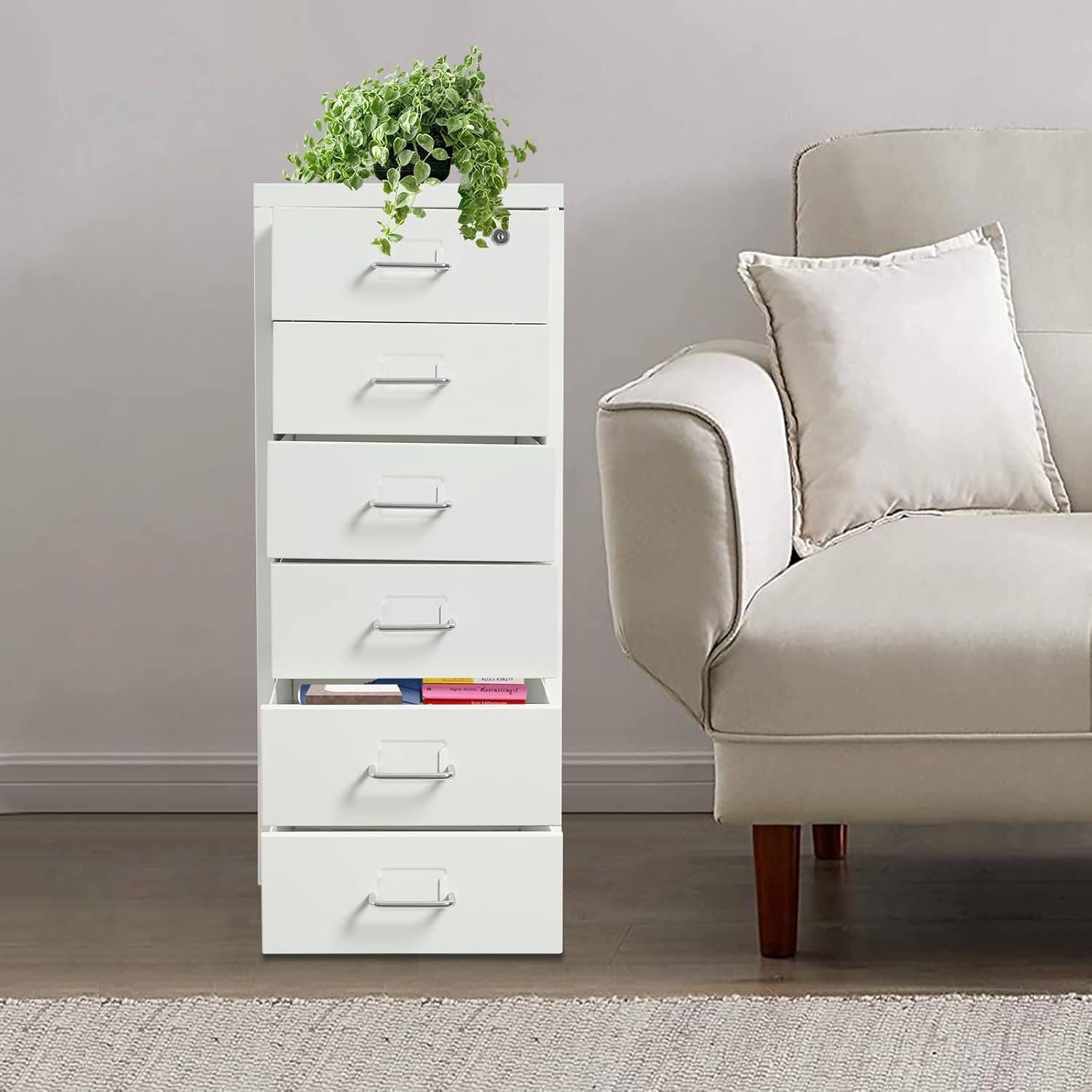 6 Drawer Vertical File Cabinet,Small Rolling Filing Cabinet with Lock & Wheels,200lbs Capacity, Fireproof Storage Organizer, Required Assembled,for Home, Office, Study, Dresser etc 11"x16"x27"