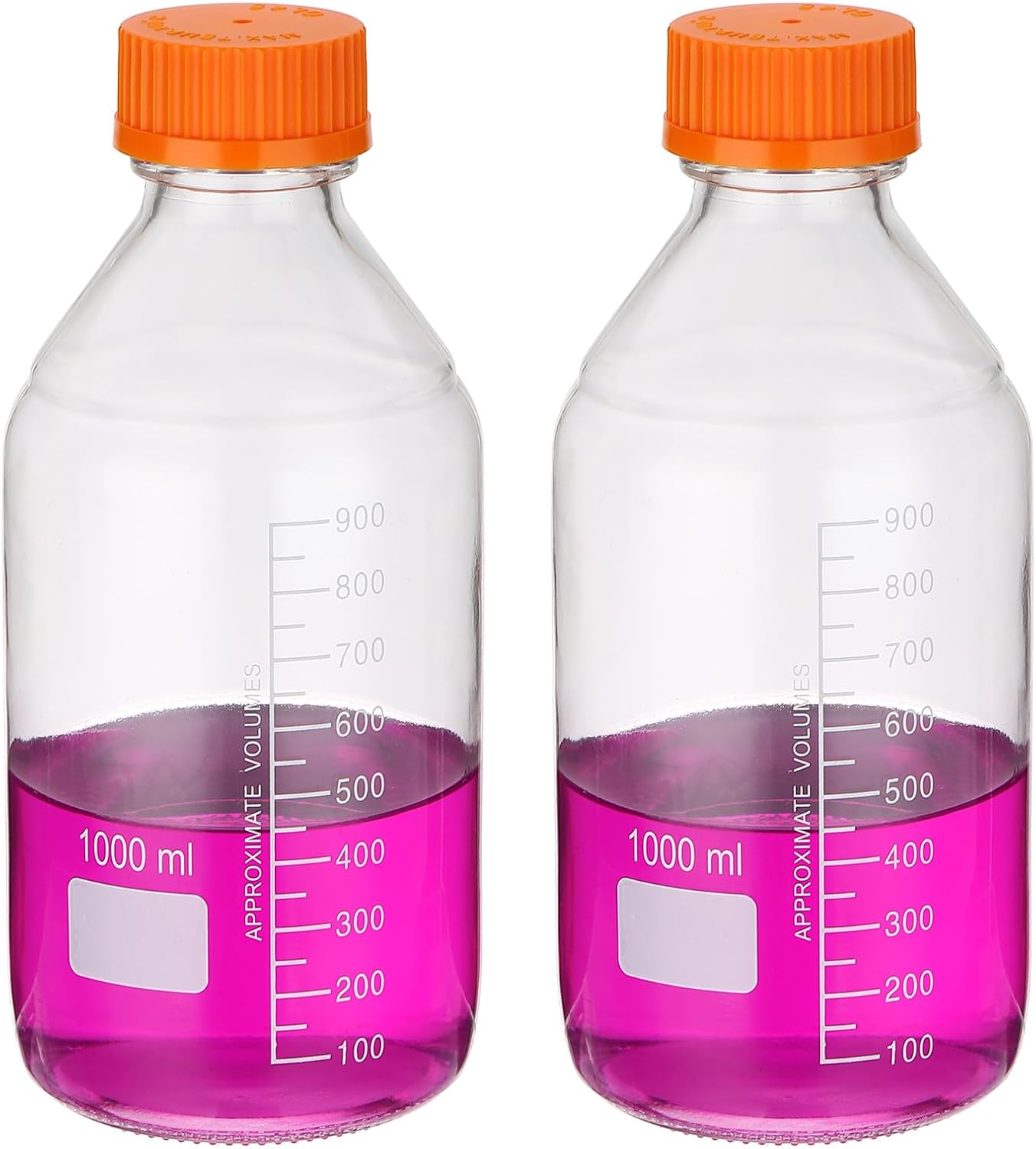 PATIKIL 2 Pack Reagent Media Storage Bottles, 1000ml Borosilicate Glass Graduated Round Bottles with GL32 Yellow Screw Cap for Lab Water Reagent Liquids, Clear