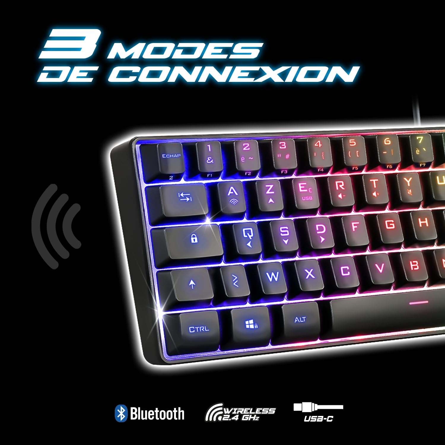 Spirit Of Gamer, Pack Clavier Souris + Casque sans Fil RGB, Clavier TKL 60% Touches Silencieuses Azerty, Souris 8 Boutons Programmables 4800 DPI avec Repose Pouce, Casque Gaming avec Micro Détachable
