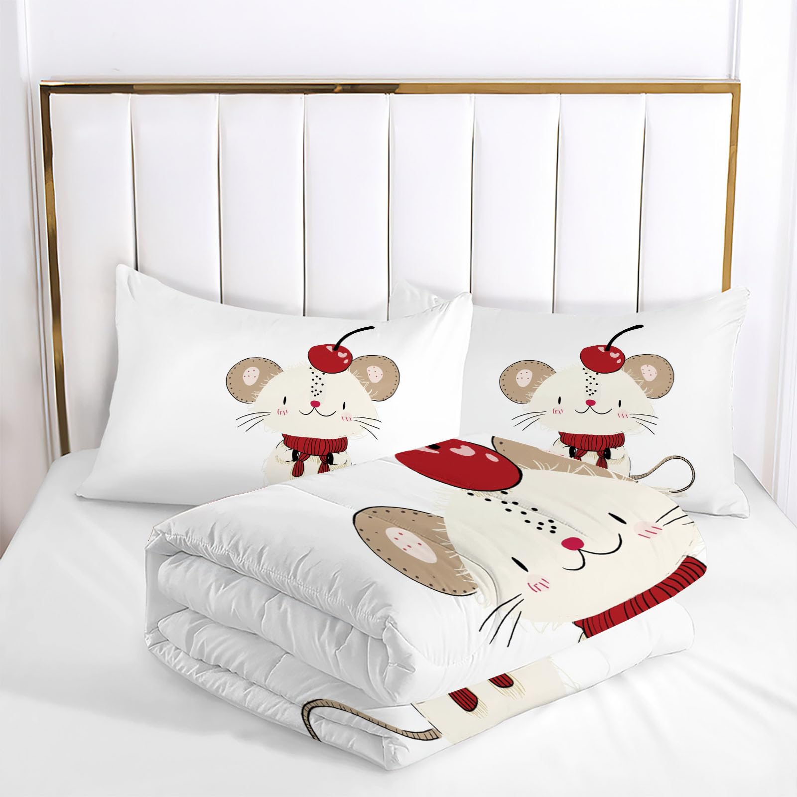 Trapunta Invernale in Ecopiuma, 260x230cm Set Piumone Stile Del Libro Per Bambini Imbottita 200 gr/mq Caldo e Morbido Piumino Trapuntato Mouse Semplice Coperta Letto Reversibile per 4 Stagioni, Bianco