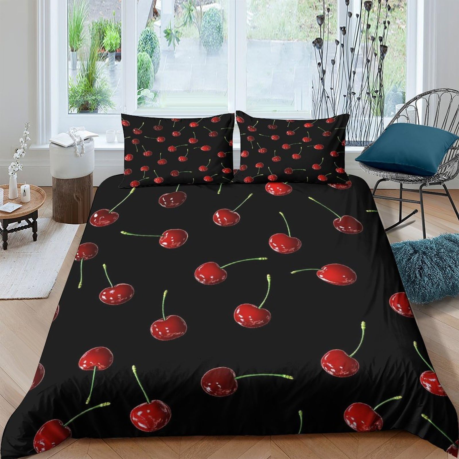 Ctjqhvkz Style-4 3D Printed Black Cherry Fitted Sheet Microfiber Soft Red Fruit Bed Cover For Bedroom Dorm Mattress Decor Single（135X200cm）