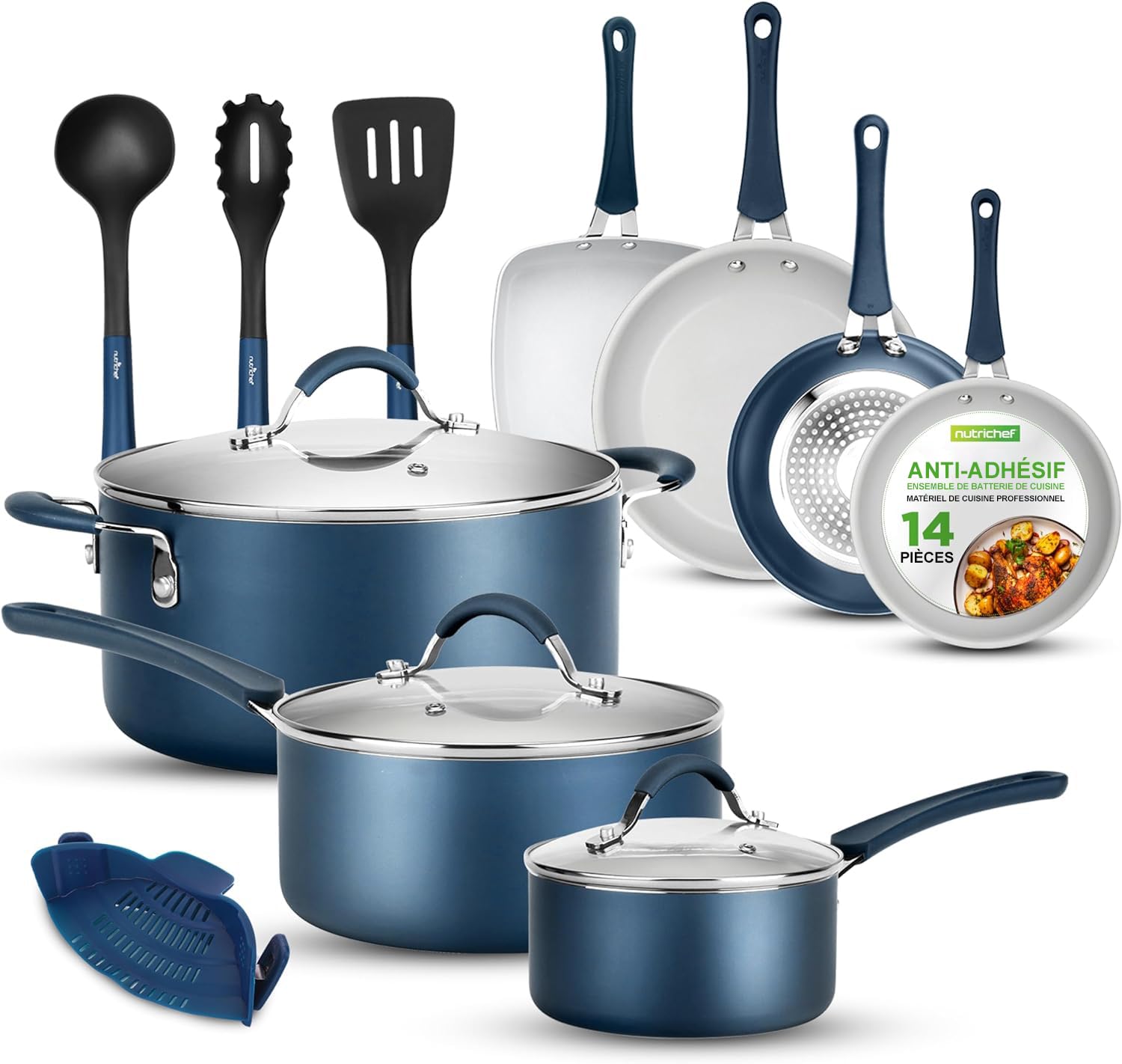 NutriChef Batterie de Cuisine 14 Pièces Antiadhésive Induction Bleu – Casseroles Poêles Cocotte avec Couvercles et Ustensiles Cuisine Compatible Tous Feux Four