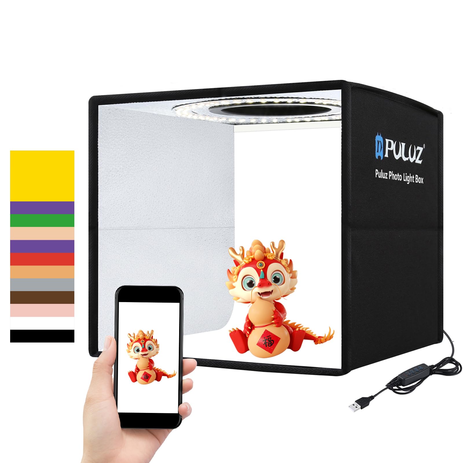 【25 cm 】 PULUZ Piccola scatola per foto da 9,8 pollici, pieghevole, portatile, per studio fotografico, studio fotografico, scatola con sfondo di 12 colori, High 97 CRI Ring Light