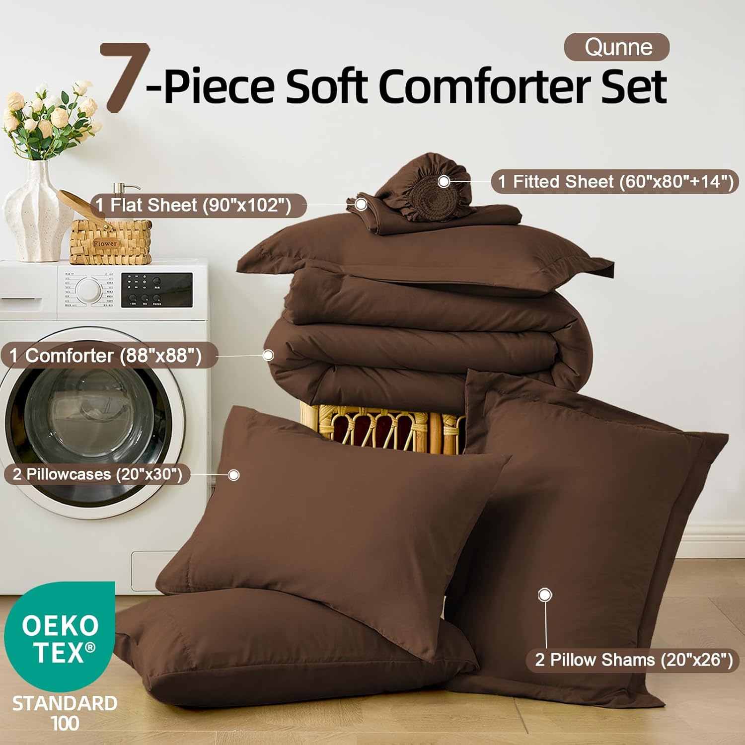 FUANNA Queen Comforter Set Dark Brown, 7 Pieces Soft Bedding Sets Queen Size, All Season Lightweight Bed in a Bag with Comforter, Flat Sheet, Fitted Sheet, Pillowcases & Shams