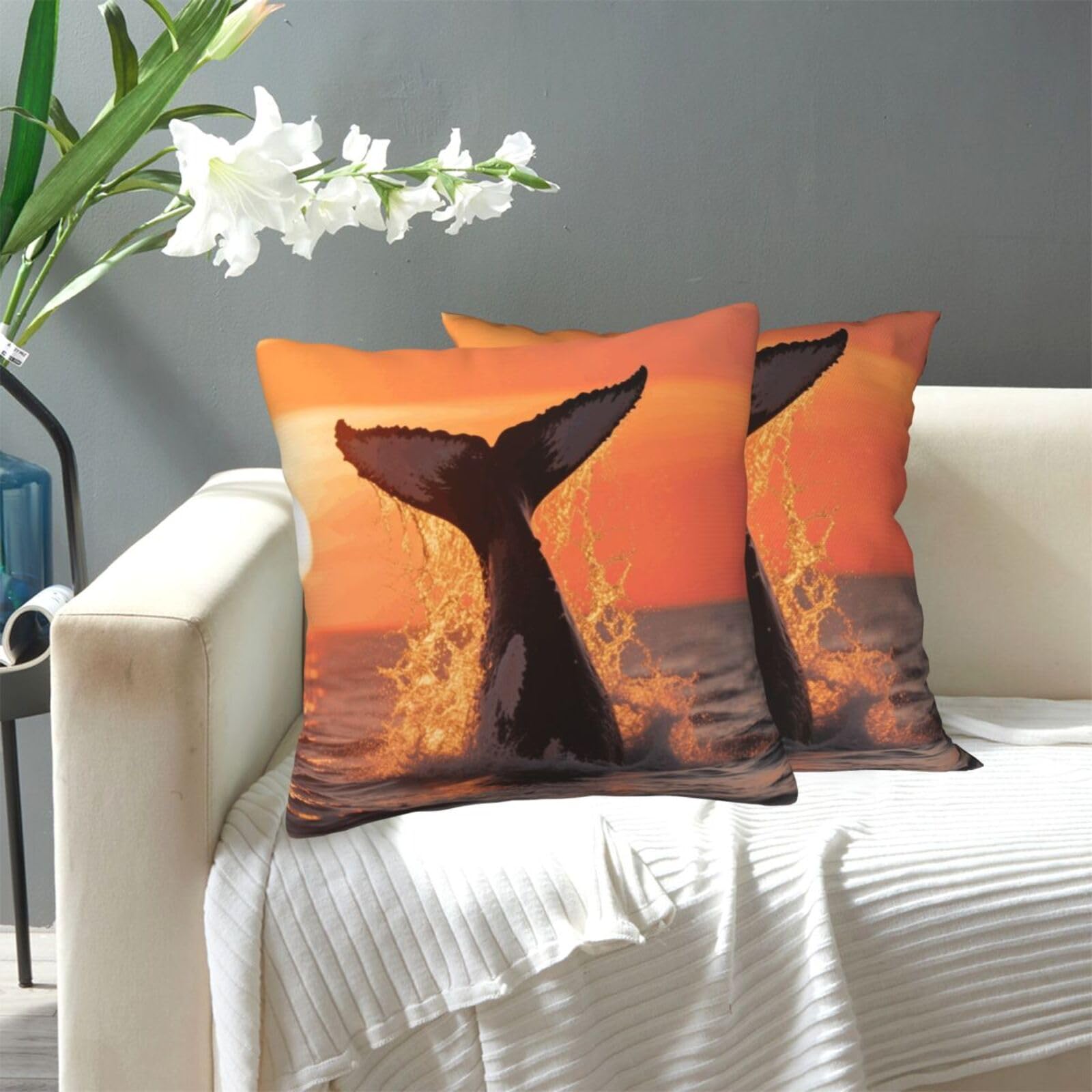 FekiLoot Decorative Throw Pillow Covers Modern Farmhouse Pillowcase Double Sided Cozy Cushion Cover for Sofa Couch Bed 18"X18" Sunset Humpback Whale