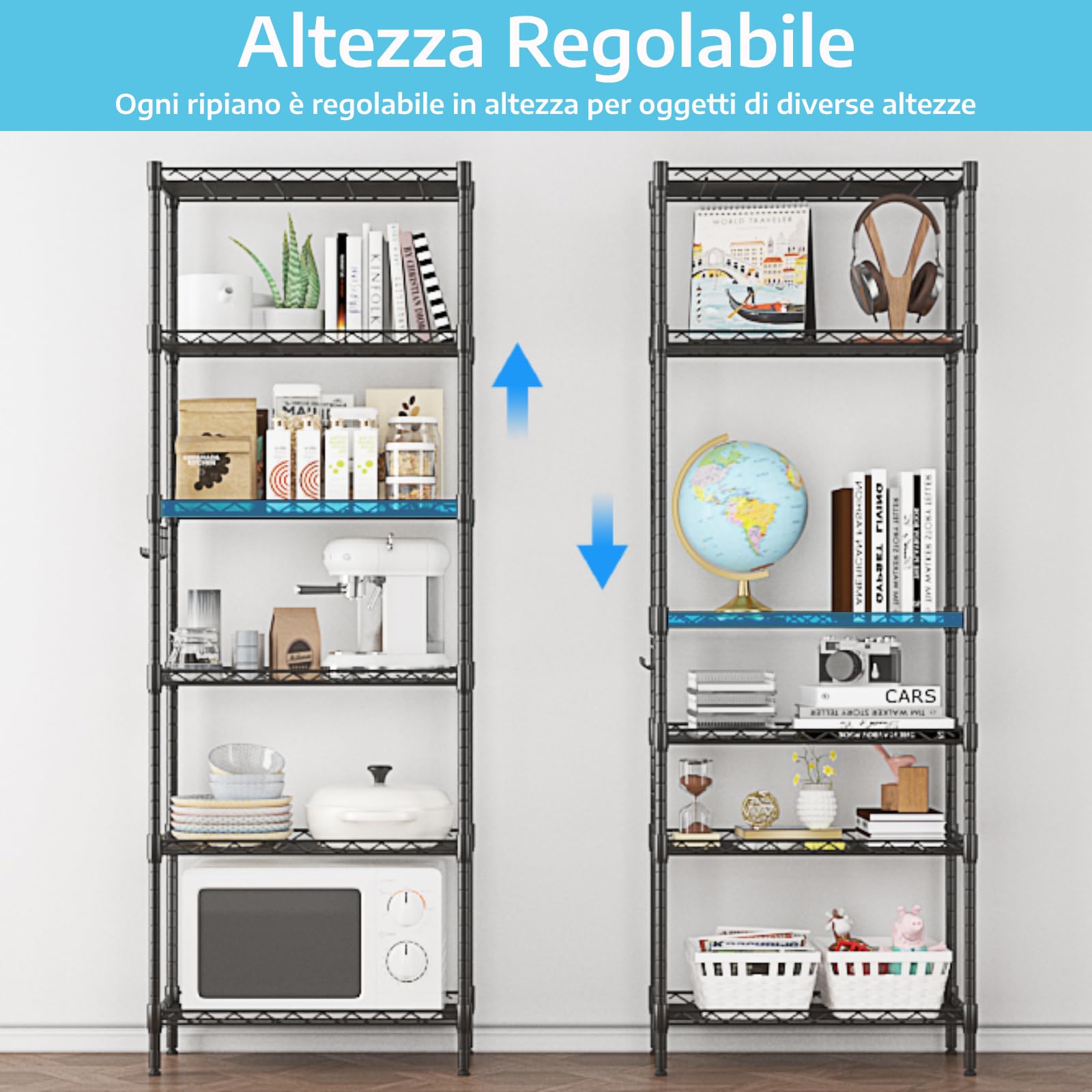 Himimi - Scaffale da cucina, in metallo, con ganci laterali, cromato, 54 x 29 x 160 cm,nero