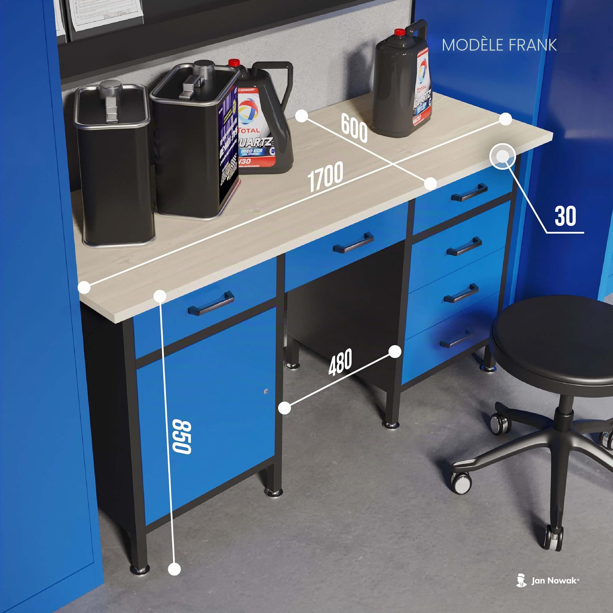 Jan Nowak Etabli Atelier Garage avec Plan de Travail 6 Tiroirs Compartiment Verrouillable Pieds réglables Métal Capacité de Charge jusqu'à 500 kg 170 cm x 60 cm x 85 cm (Black)