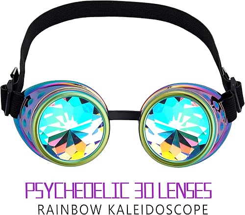 Miniatura 49 de Gafas caleidoscopio para raves trippy psicodélico steampunk con lentes de cristal de difracción de prisma arcoíris Negro