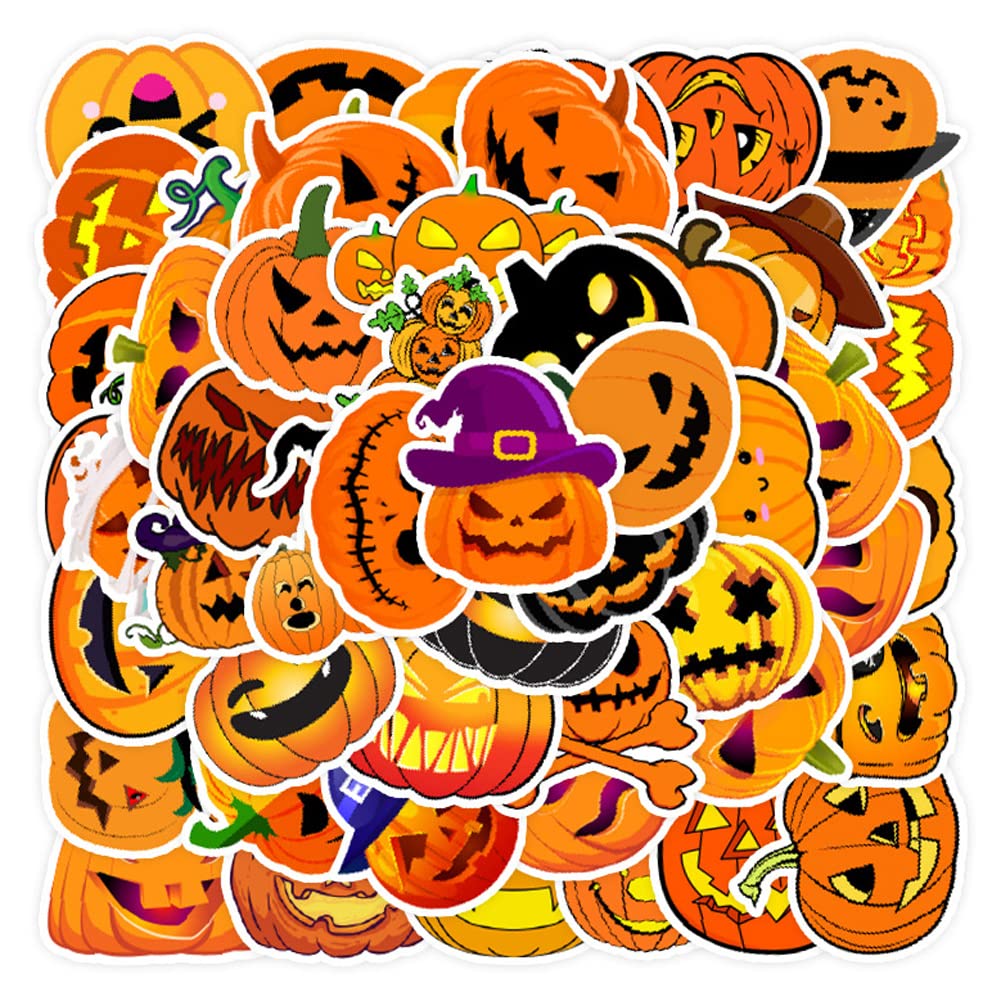 50Pcs Halloween Pumpkin Stickers,Vinyl Waterproof Stickers for Laptop,Bumper,Skateboard,Water Bottles,Computer,Phone, Funny Halloween Pumpkin Waterproof Vinyl Sticker for Kids Teens Adult