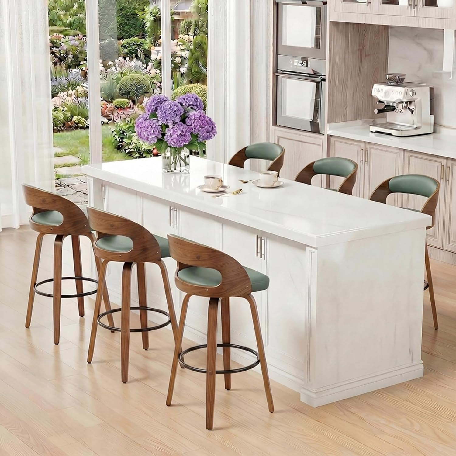 Swivel Bar Height Bar Stools Set of 2, 30" Bar Stools with Bentwood Curved Back Upholstered Seats Mid Century Modern Barstools for Kitchen/Home Bar/Coffee, Green