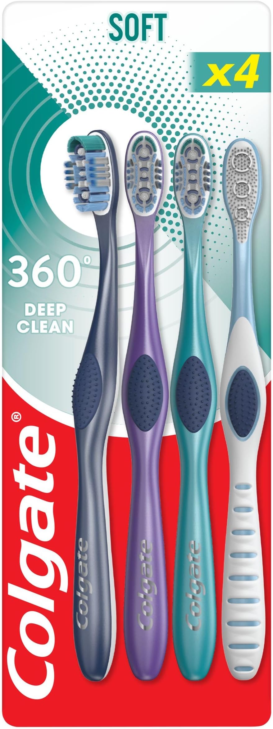 360 Deep Clean Soft Toothbrush 4 Pack - removes Bacteria from Teeth, Tongue, Cheeks and Gums - interdental bristles Clean Between Teeth - polishing Cup Remove Plaque - Antibacterial bristles*