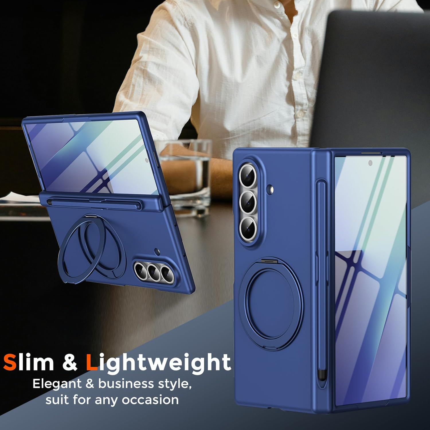 for Samsung Galaxy Z Fold 7 Case with S Pen Holder & Stylus, 360° Rotating Magnetic Ring Stand Compatible Magsafe Screen Protector Hinge Cover Full Coverage Protective Case for Z Fold 7 Blue
