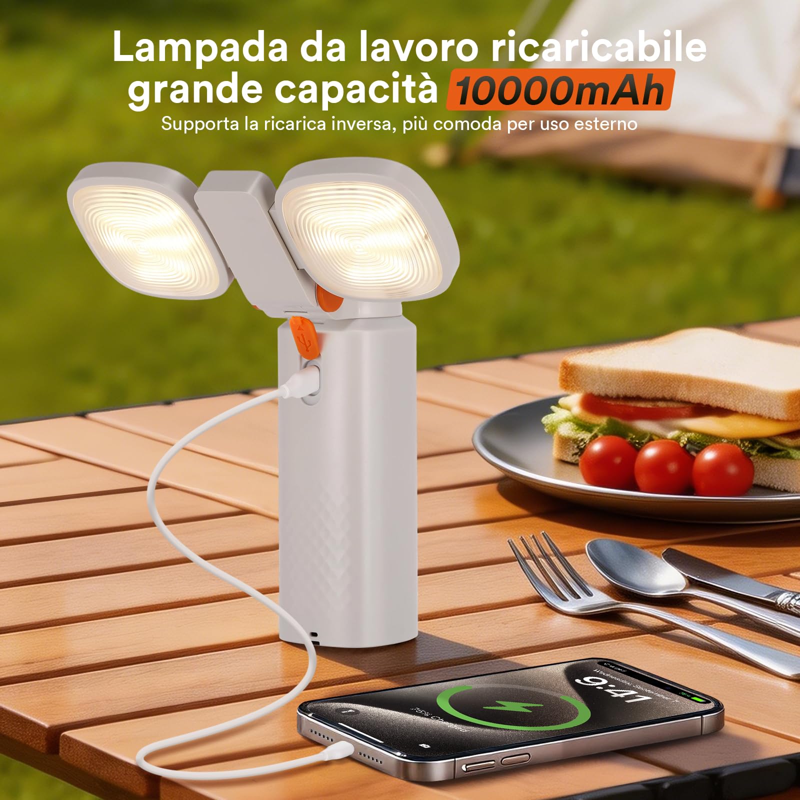 Tomshine Lampada da Campeggio LED con Treppiede IP54 | Faretto LED 2000LM Ricaricabile, 10000mAh Fino a 120h, Powerbank 5V 2A, Doppi Pannelli Orientabili 360°, 10 Modalita RGB