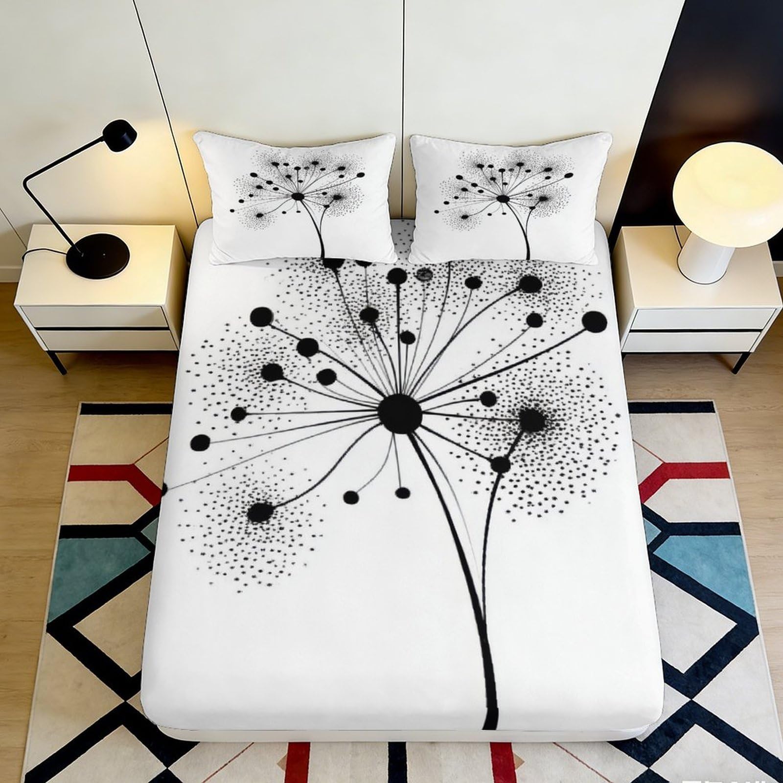 3D Printed Dandelion Fitted Sheet Microfiber Deep Pocket Bedroom Bedding Dandelion Mattress Fitted Cover Non-Slip Washable 140x200x25cm