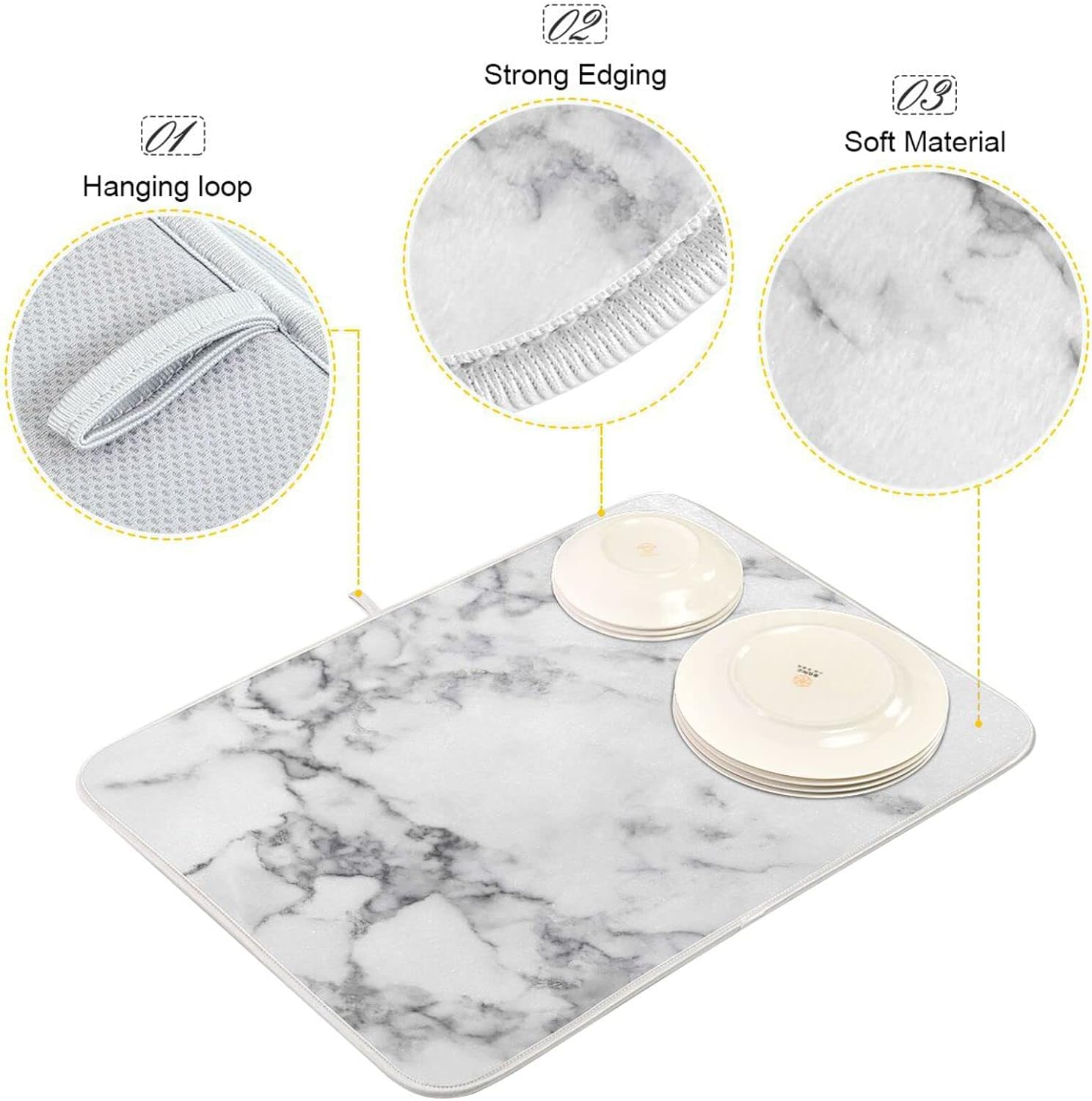 Microfiber Dish Drying Mat Foldable Kitchen Drying Mat Machine Washable Dish Mat 18" X 24" (White Marble)