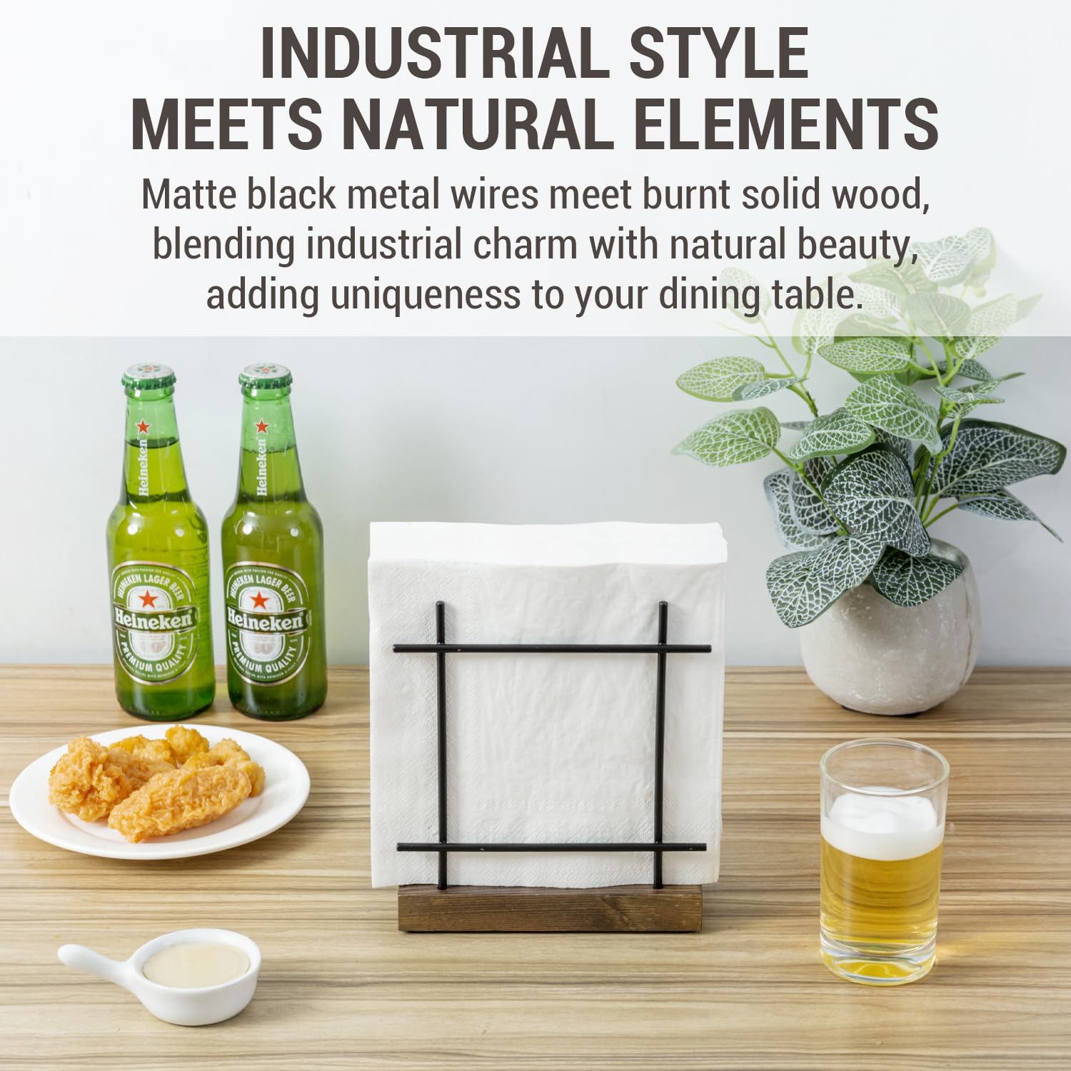 Photo 1 of MyGift Napkin Holder, Black Metal, Burnt Wood Base