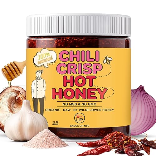 SAUCE UP Chili-Crisp Hot Honey | Miel de flores silvestres picante dulce con ajo crujiente y hojuelas de chile | Calor audaz y sabroso con un