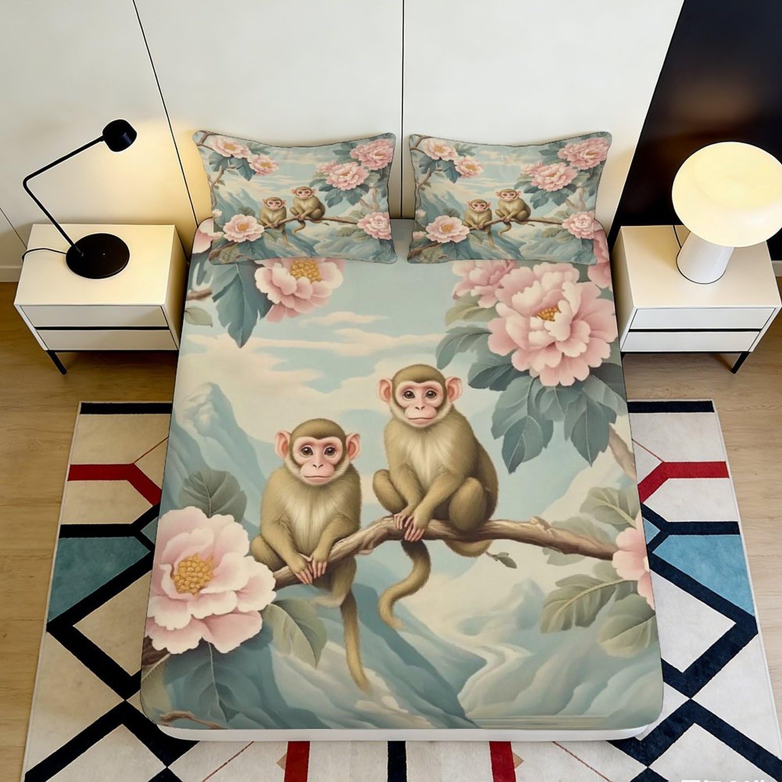 3D Printed Monkey Floral Fitted Sheet Microfiber Deep Pocket Non-Slip Monkey Mattress Fitted Cover Washable Bedroom 180x200x25cm