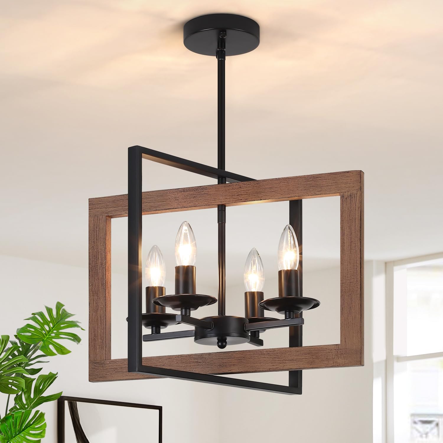 17'' Farmhouse Chandelier for Dining Room,4-Light Rustic Dining Room Light Fixture Over Table,Wood Chandelier Kitchen Island Lighting Hanging Ceiling Light for Kitchen Foyer Entryway Hallway