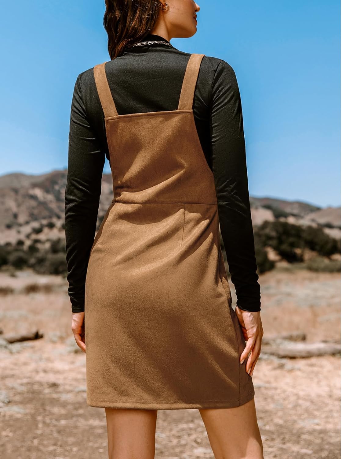 CUPSHE Faux Suede Mini Fall Dresses for Women Square Neck Pull Ring Zipper Front Pockets Wide Straps Casual Autumn Dress - Image 2