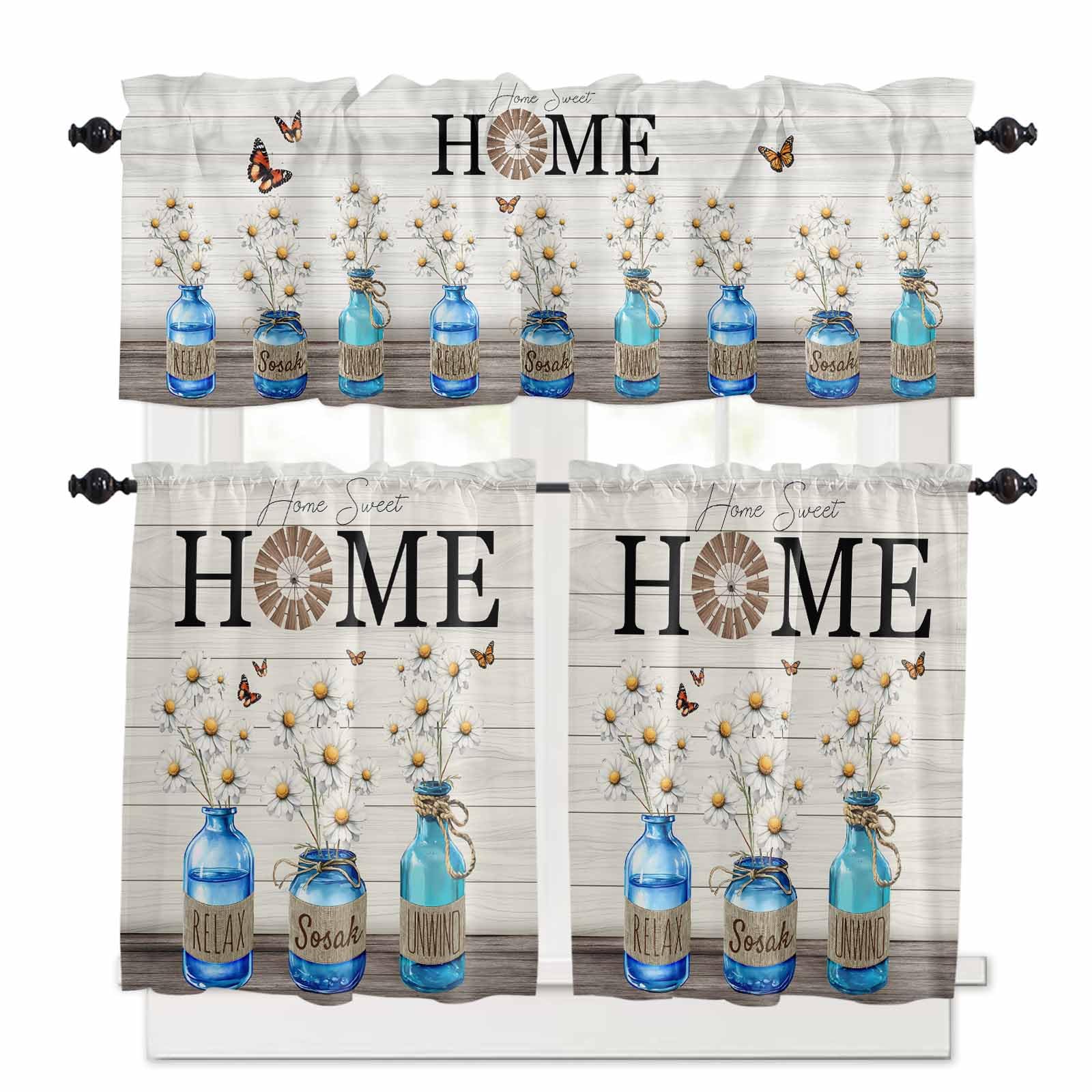 Farmhouse Daisy Kitchen Curtains 36 Inch Length, 3 Piece Rod Pocket Small Half Tiers and Valance Set, Blue Bottle Flower Vintage Butterfly Small Large Window Treatment Decor for Bedroom/Bathroom Sink