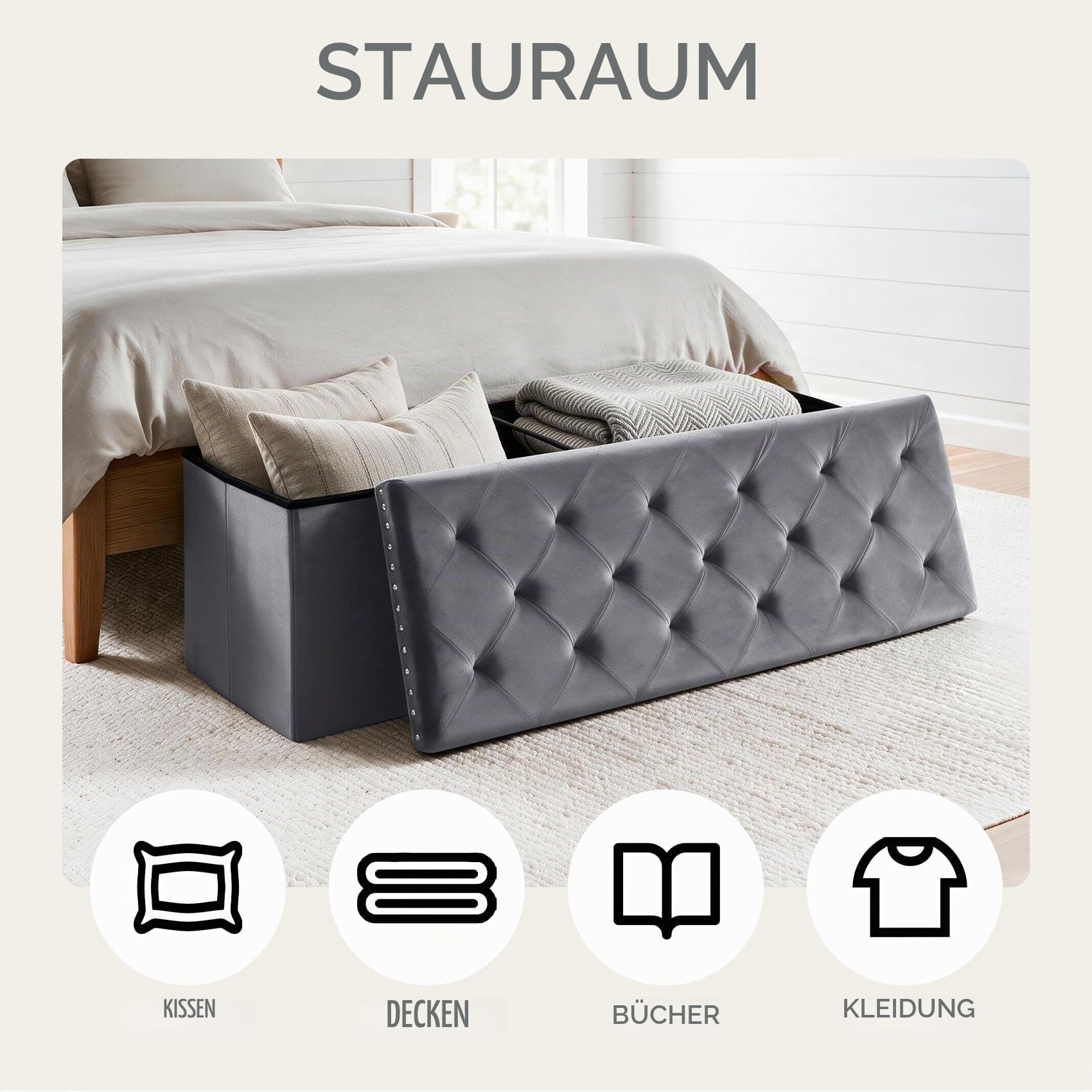 PINPLUS Klappbare Sitzbank mit Stauraum, Samt, 110x40x40 cm, Grau | Bettbank mit dickem Deckel, Truhenbank & Fußbank, große Aufbewahrung, platzsparend, für Wohnzimmer, Schlafzimmer, Diele