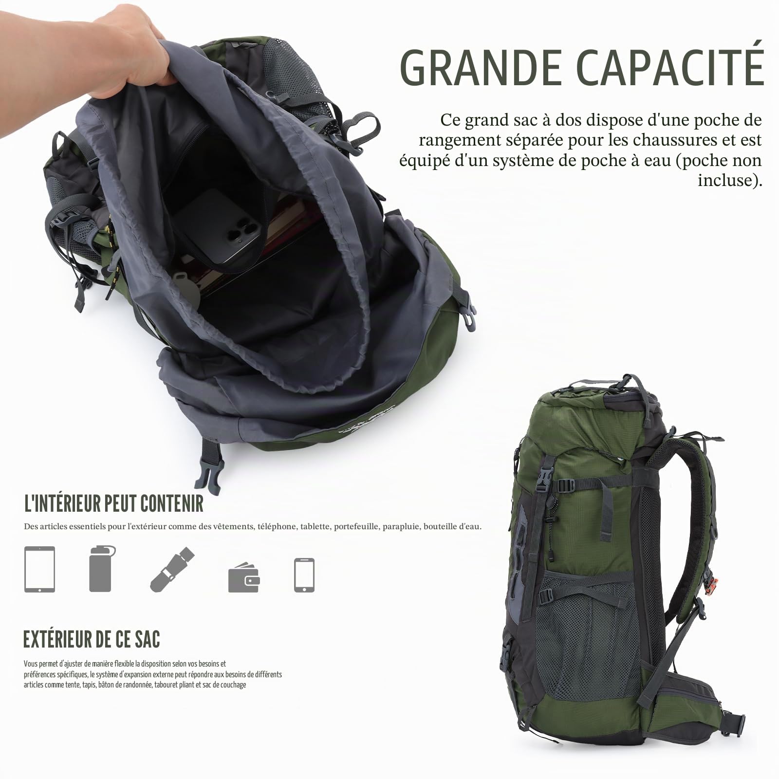 Sac à dos de randonnée imperméable 70 l avec housse de pluie Grand sac à dos de voyage pour camping, marche, escalade