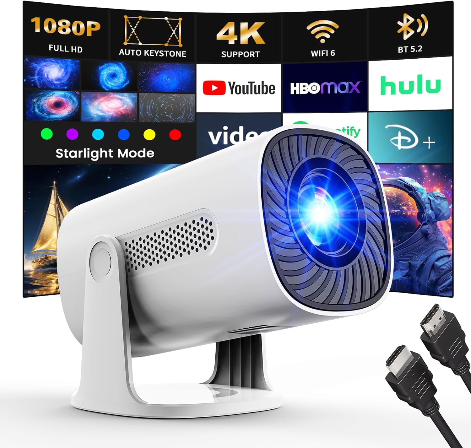 (Aplicación integrada y modos Star) Mini proyector compatible con 4K 1080P con aplicaciones Star y sistema operativo Android TV WiFi 6 BT 5.2 Auto Keystone, compatible con TV Stick/Smartphone/HDMI/USB, blanco