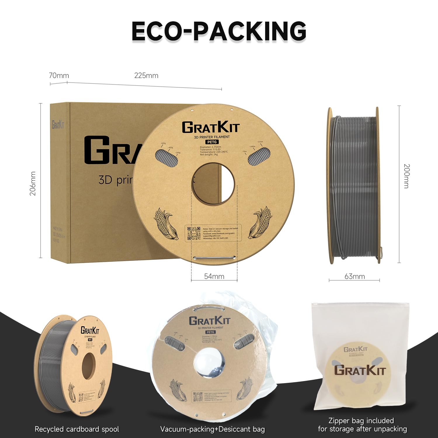 GratKit Filamento PETG 1.75mm, +/-0.03mm, Filamento PETG para Impresora 3D, Bobina de 6kg,6 paquetes, 6 * 1kg,Gris
