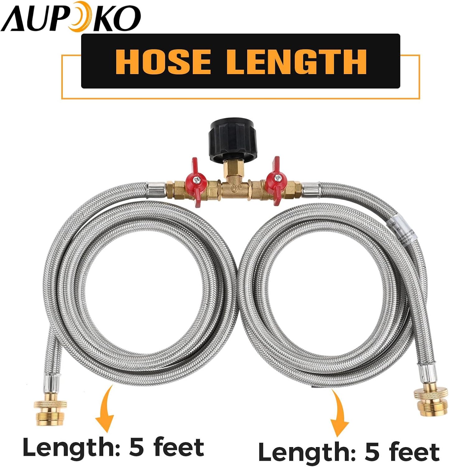 Aupoko 5 Ft 2 Way Y Splitter Adapter Hose, Propane Splitter 2 way with Shut Off Valve to QCC1 / Type1 for 20lbs Gas Tank 350PSI for Heater Stove Propane Tree for Camping